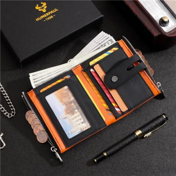 Mens Wallets with Chain Genuine Leather Black Orange - Picture 6 of 7